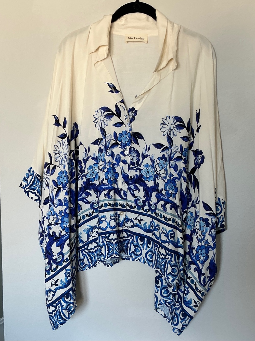 Flowy Cream Tunic with Blue Floral Border